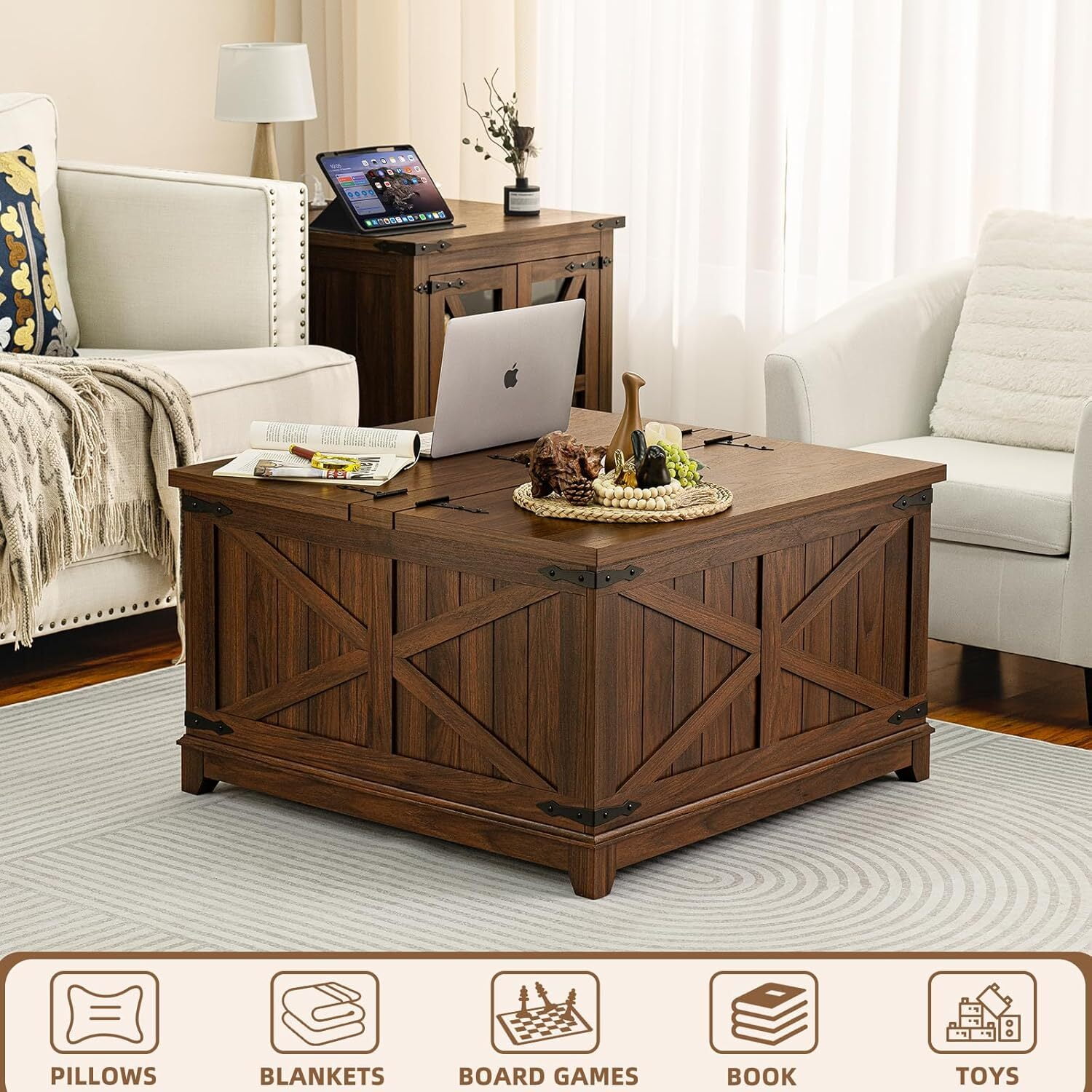 Joaxswe 3-Piece Coffee Table Set with Flips-up Rectangular Coffee Table and 2 End Tables with Charging Station, Hidden Storage and Modern Design for Living Room, Brown