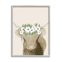 Stupell Industries Highland Cattle Portrait White Poppy Floral Crown Rustic, 16 x 20, Design by Lucille Price