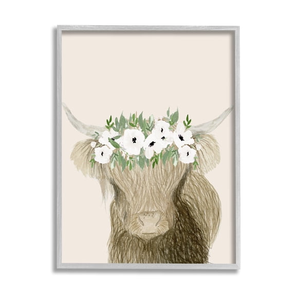 Stupell Industries Highland Cattle Portrait White Poppy Floral Crown Rustic, 16 x 20, Design by Lucille Price