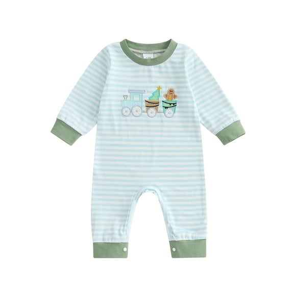 Rovasas Baby Boy Romper Embroidered Striped Long Sleeve Infant Jumpsuit