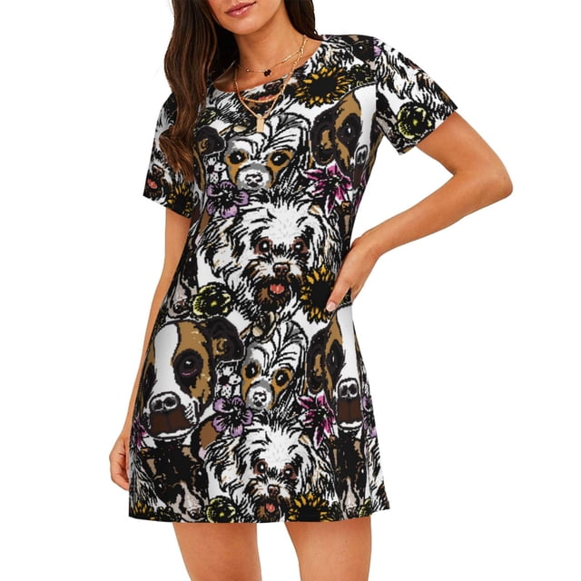 Fotbe Cute Dogs Puppy2 Bata de Dormir para Mujer con Estampado, Camisón de Algodón de Manga Corta, Ropa de Dormir Casual