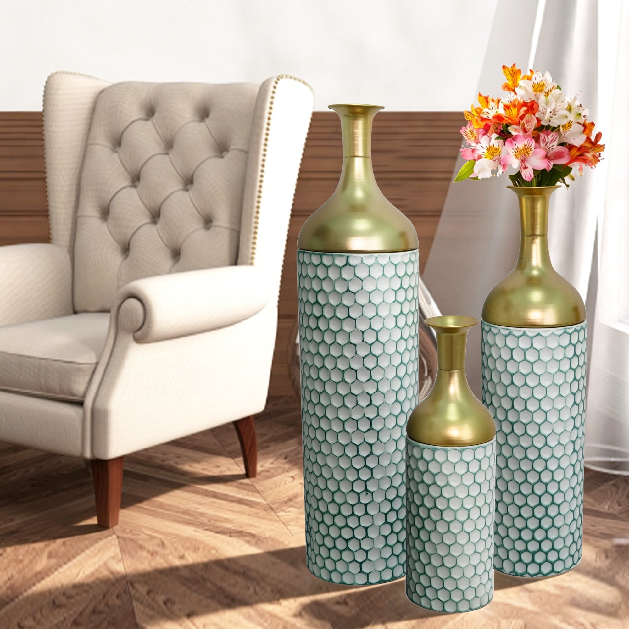 Leumius Decorative Metal Vases Set of 3, Gold Leaf Pattern Floor Vases, White & Gold Tall Vases for Home Decor, Living Room Entryway Decor