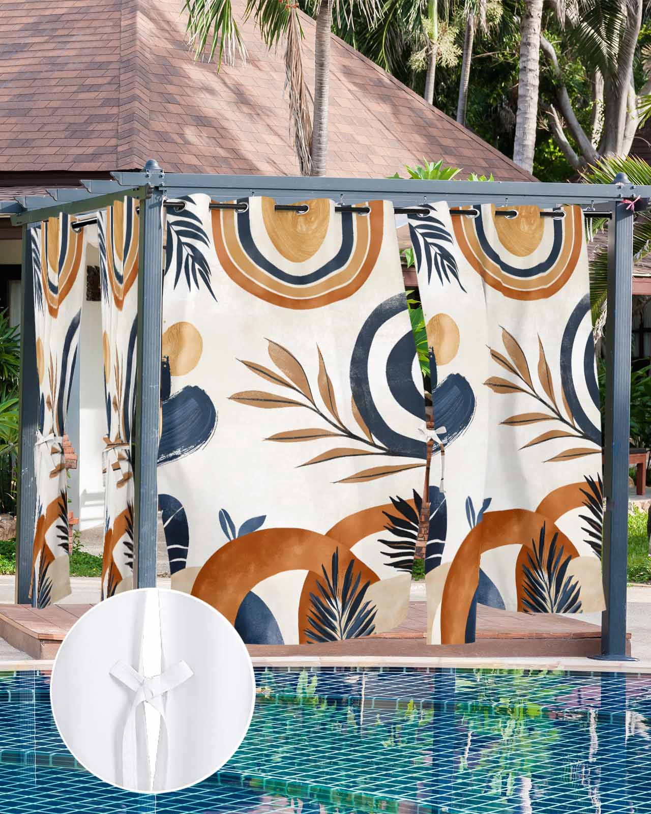 nqOlkjepod Outdoor Curtains for Patio Waterproof, Bohemian Outdoor Privacy Panels Grommet, Boho Botanical Palm Leaf Abstract Geometric Blackout Outside Curtains for Porch/Cabana 54"x108", 2 Panels