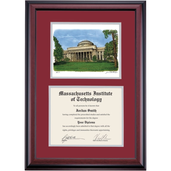 OCM Diploma Frame for Massachusetts Institute of Technology MIT, Maroon/Gray Mat with Maclaurin Building Watercolor, 25" x 18"
