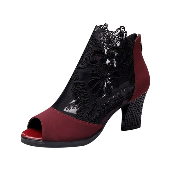 Babysbule Womens Shoes Clearance, Women's Pointed Toe Open Toe Lace Splicing Comfy Casual Shoes High Heel Hollow Out Single Shoes