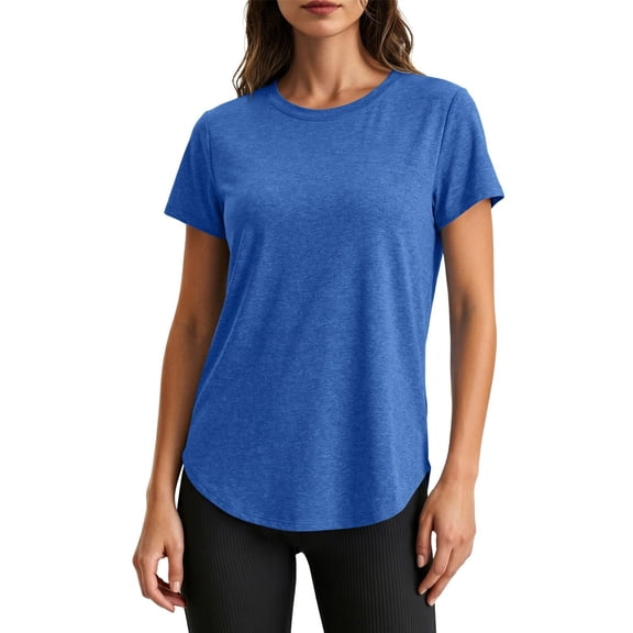 Fnooota Womens Cotton T-shirts, Short Sleeve Workout Summer Open Back Athletic Tops Blue Size 2XL