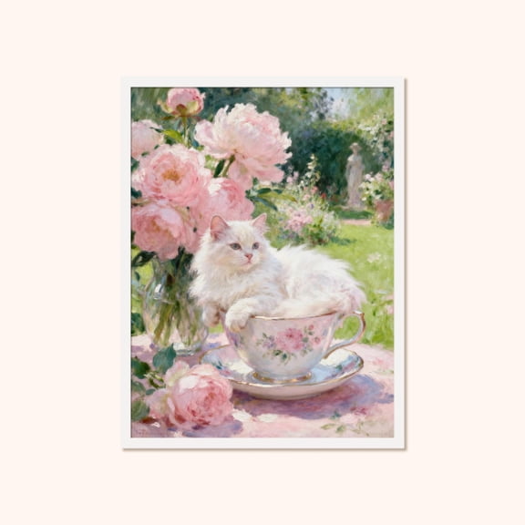 Kitten In Teacup Floral Wall Art, Romantic Cottagecore Poster, Unframed Poster Size 8x12