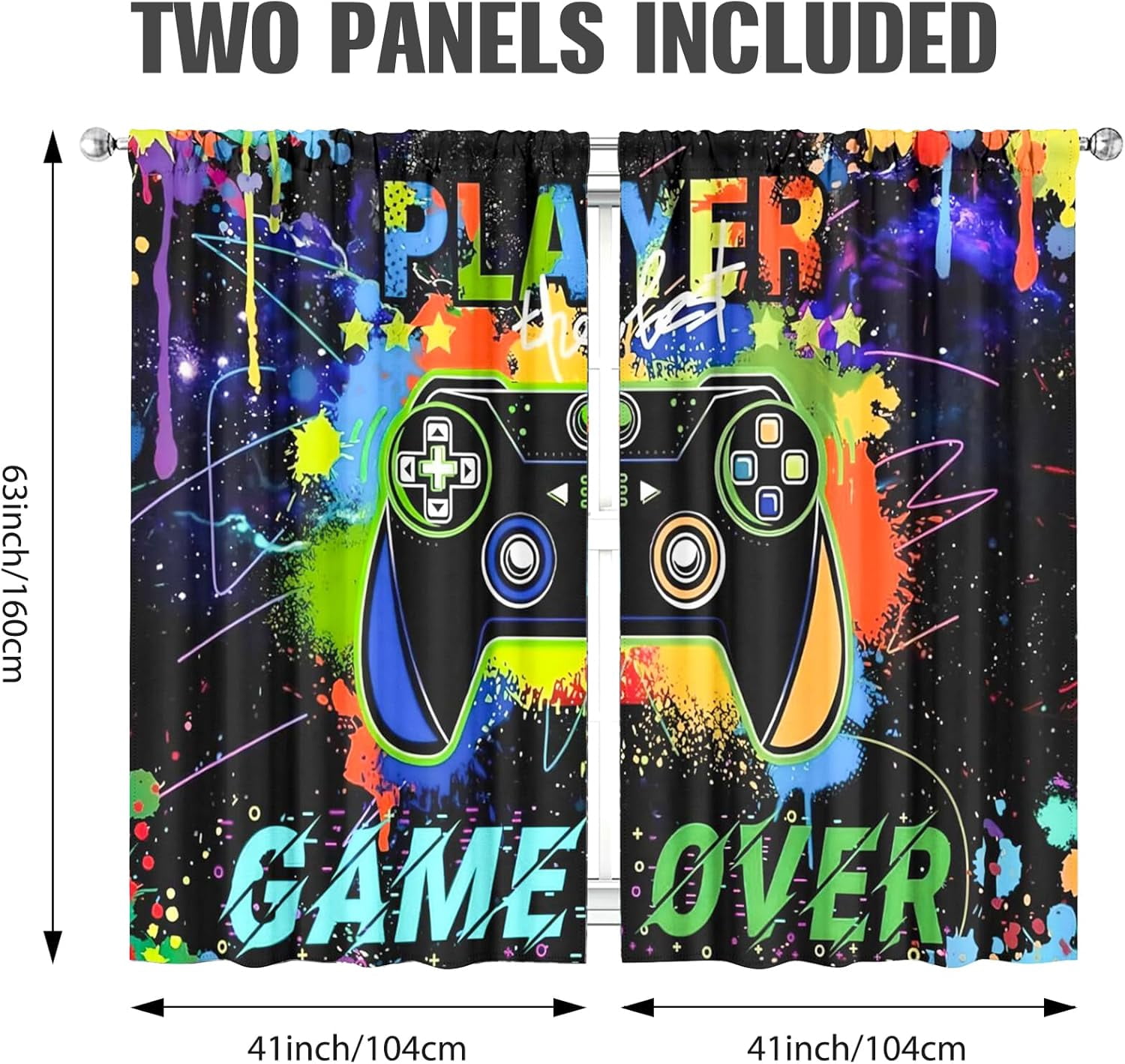 Gaming Curtains for Boys Blackout Video Game Curtains Gifts for Gamer Living Room Bedroom Decor 2 Panel Set, 41"x63"