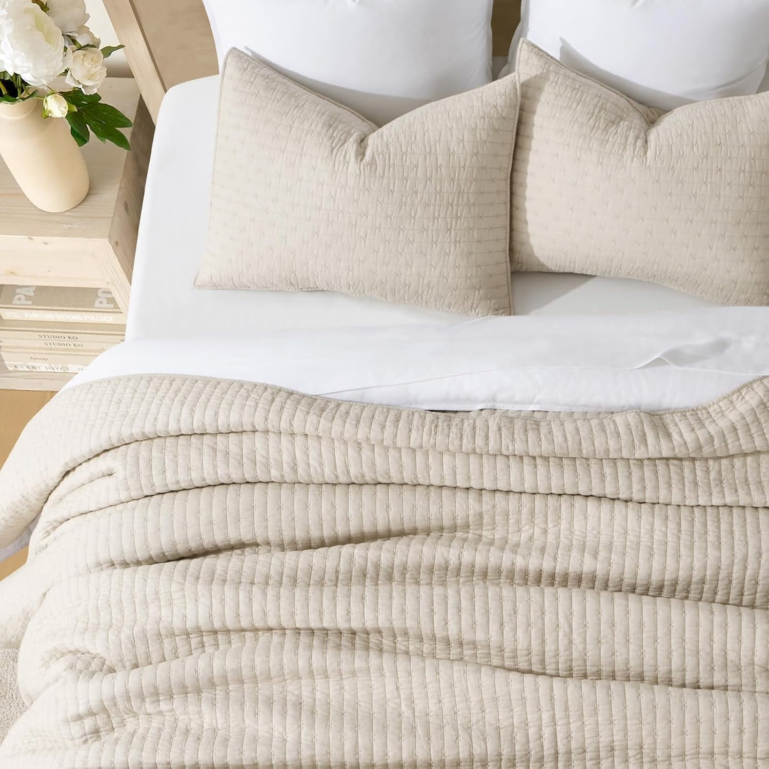 EVERGRACE Cross Stitch Pre-Washed Cotton Quilt Bedding Set King Size, Oversized 3 Pieces Lightweight Bedspread Coverlet for All Season, with 2 Matching Shams, Flax Beige,118"x106"