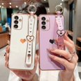 thumbnail image 6 of Compatible with Samsung Galaxy A14 5g Aesthetic Cute Heart Wrist Strap Kickstand Phone Case Luxury Plating Side Heart Pattern Cover Soft Silicone Shockproof Stand Holder Bumper (White), 6 of 12