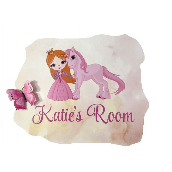 3D Bedroom Wall Decal Sticker For Girls Custom Designs With 3D Butterfly Cute Princess Hugging Unicorn With 3D Butterflies - Easily Applied And Removable - Size: 26 In X 14 In