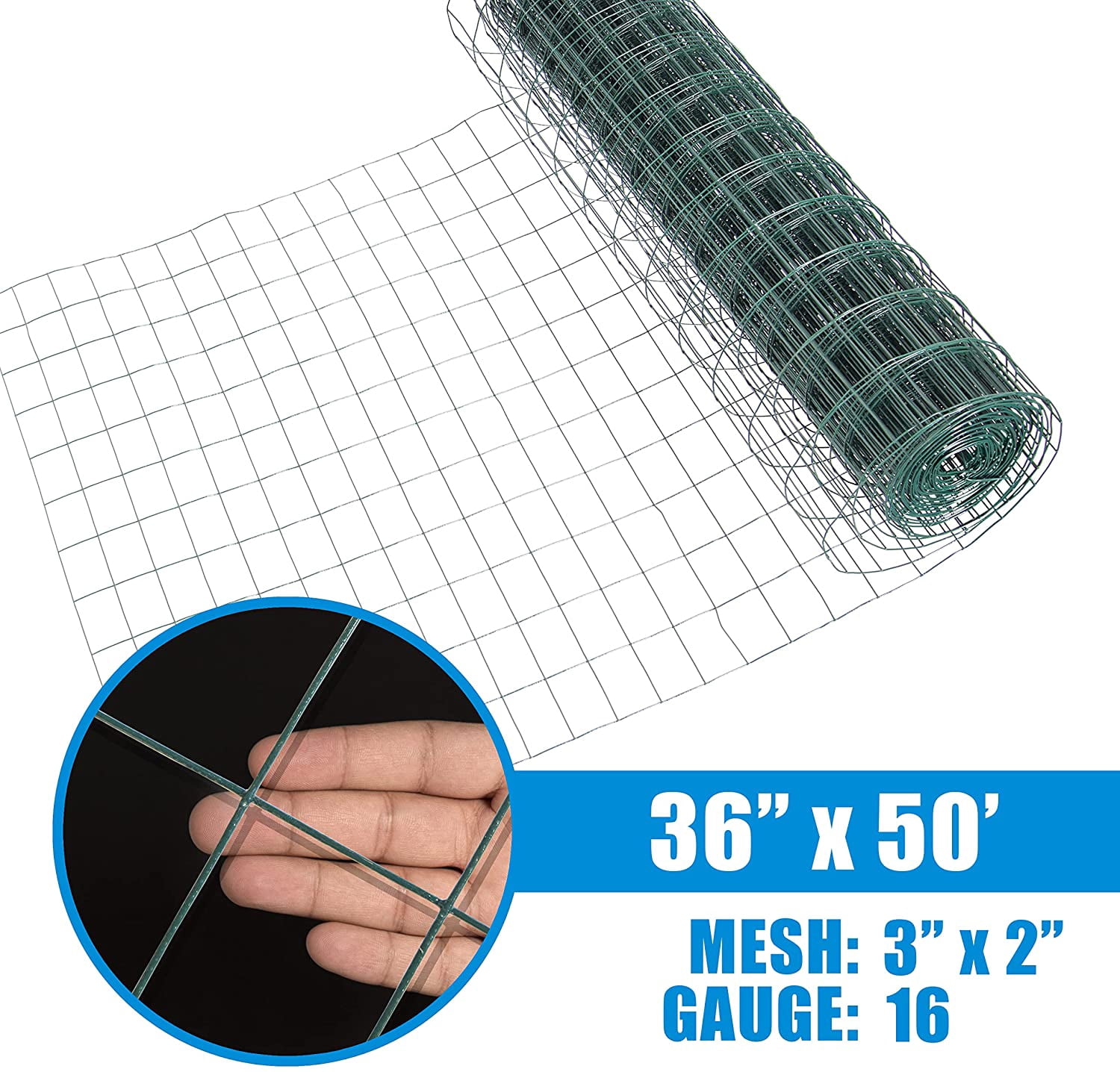 Fencer Wire Vinyl Coated 16 Gauge Welded Fence Wire Roll, Mesh Size 2-Inch x 3-Inch, Green Metal Garden Fencing Wire Grid Hardware Cloth, Multiple Use for Home Improvement