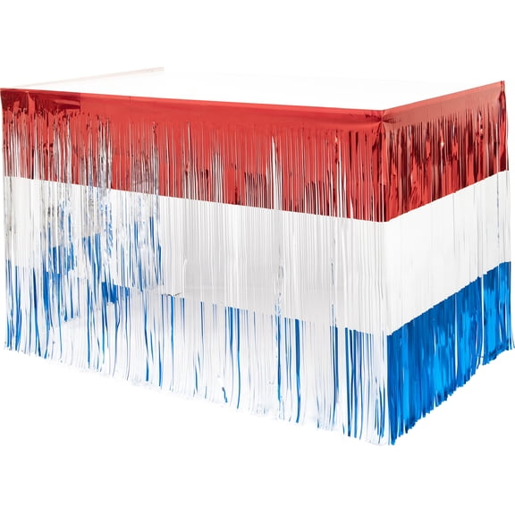 Way To Celebrate Patriotic Foil Fringe Table Skirt, Red/White/Blue, 9' x 2.5'