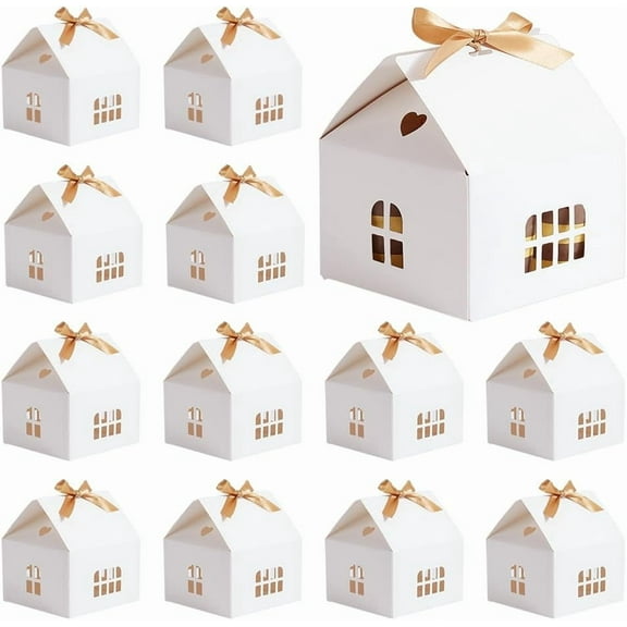 House Shaped Gift Boxes 12 Sets White Cardboard Treat Boxes Wedding Favors with Ribbon Present Box with Small Windows for Gift Giving Anniversaries Birthday Party 4.9x4.9x5.3 Inch diy