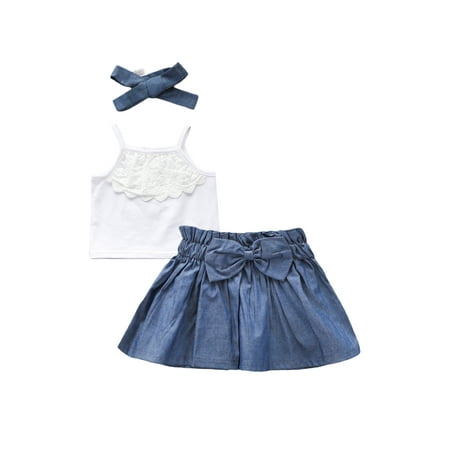 

Carolilly Baby Girl Ruffle Tops Denim Half-Dress Skirt Bow Headband Suit