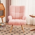 thumbnail image 2 of FERPIT Modern Accent Chair, Upholstered Teddy Velvet Vanity Chair with Arms Tall Back Desk Chair with Solid Wood Legs for Living Room Bedroom Waiting Room, Pink, 2 of 6