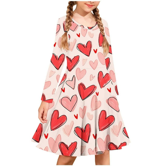 TaTaai Valentine Heart Print Long Sleeve A-Line Skater Dress, Valentine's Day Gift, Casual Party Twirly Dress Gift