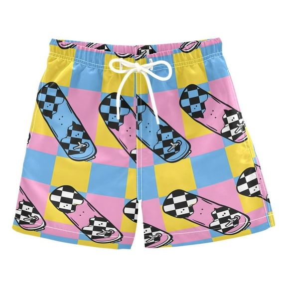 joogoo Boys Swim Trunks Checkered Skate Texture Beach Board Shorts Drawstring Swimsuit S