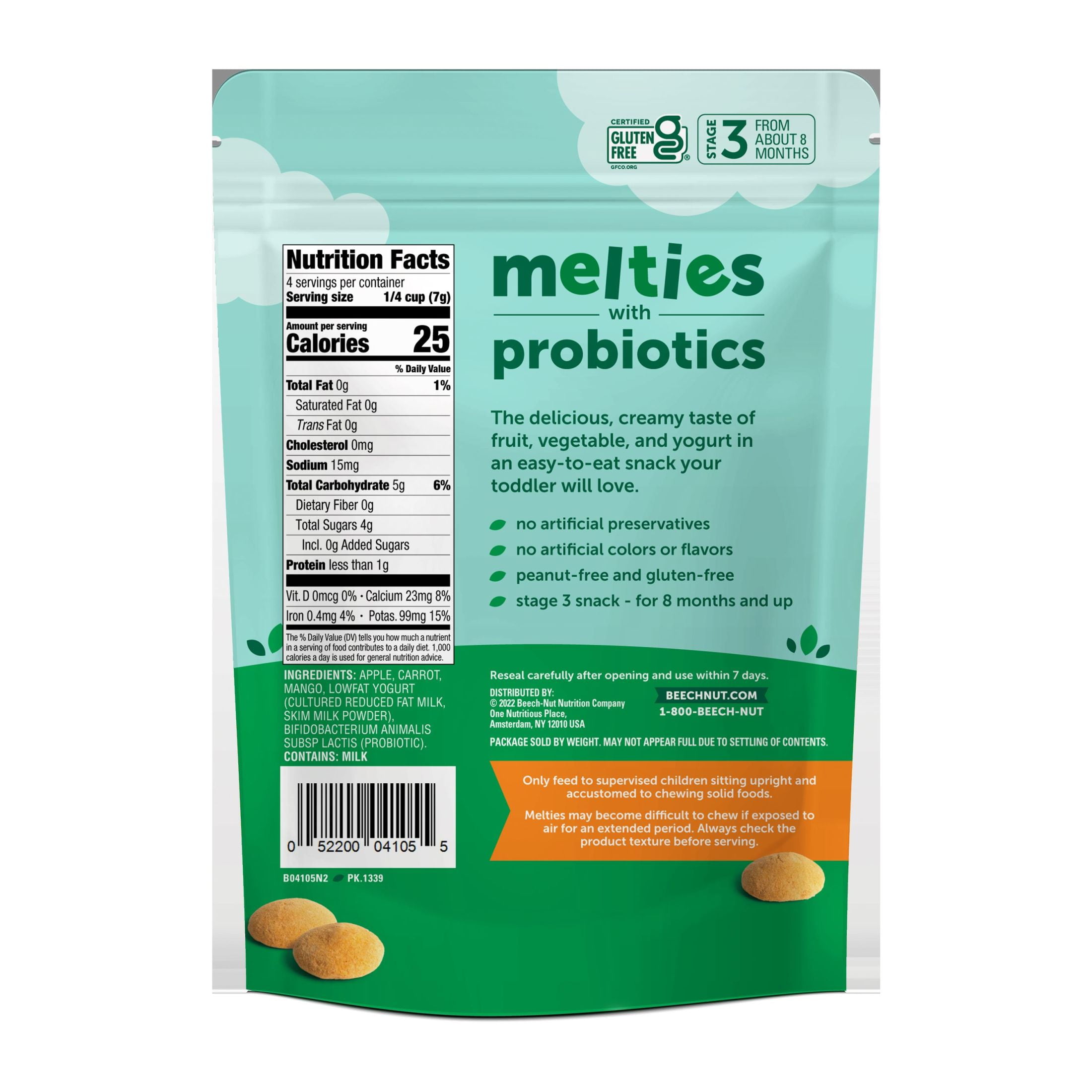 (8 pack) Beech-Nut Probiotic Melties Apple Carrot Mango Yogurt Melts Baby & Toddler Snack, 1oz Bag