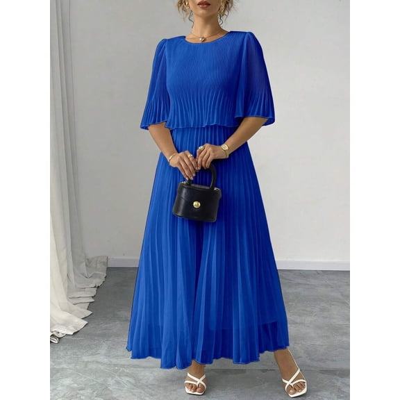 Royal Blue Solid Chiffon Pleated Maxi Dress With Flared Cap Sleeves For Women