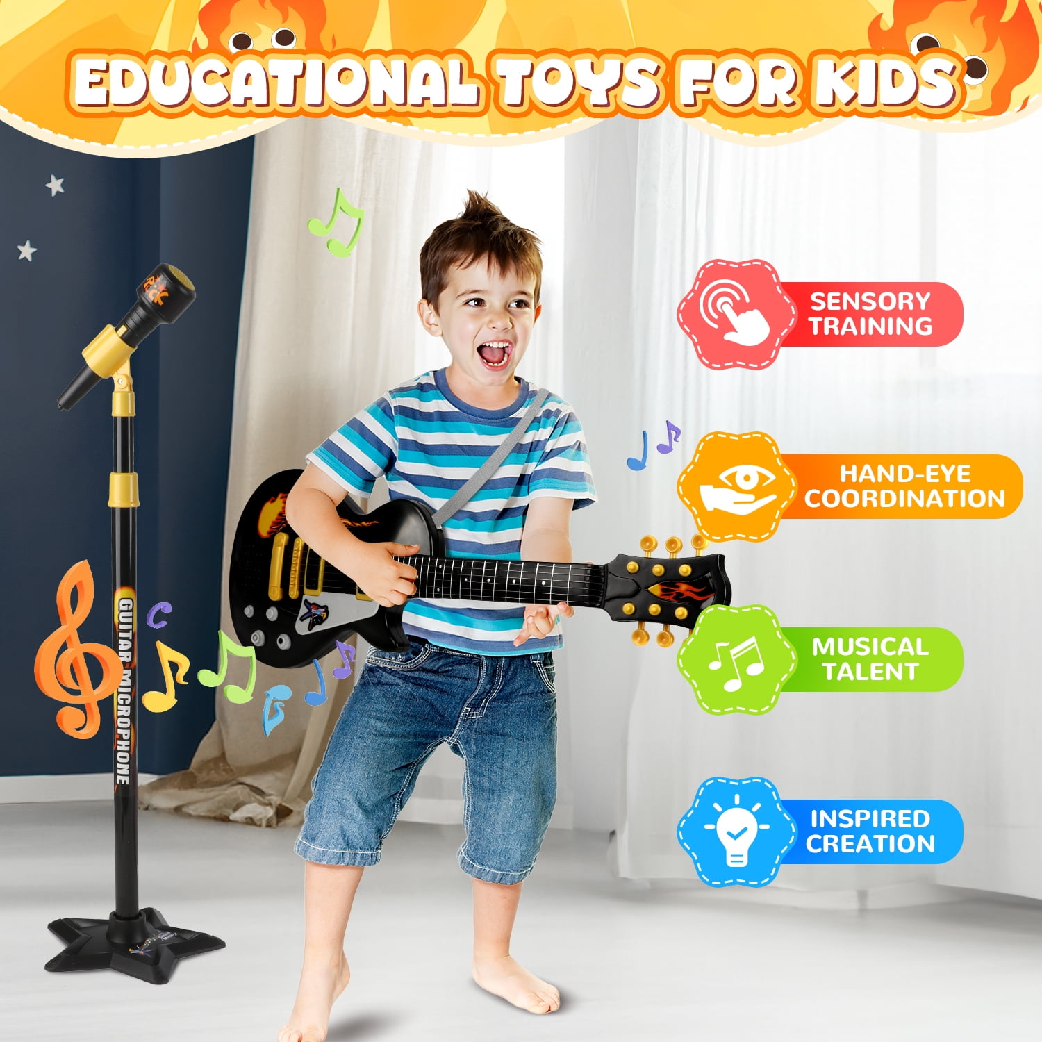 Freecat Toddler Guitar, Cool Black Toy Guitar for Kids Boys Ages 3 4 5 6 Years, with Microphone and Adjustable Stand, Musical Instrument Christmas &Birthday Gift for Boys.