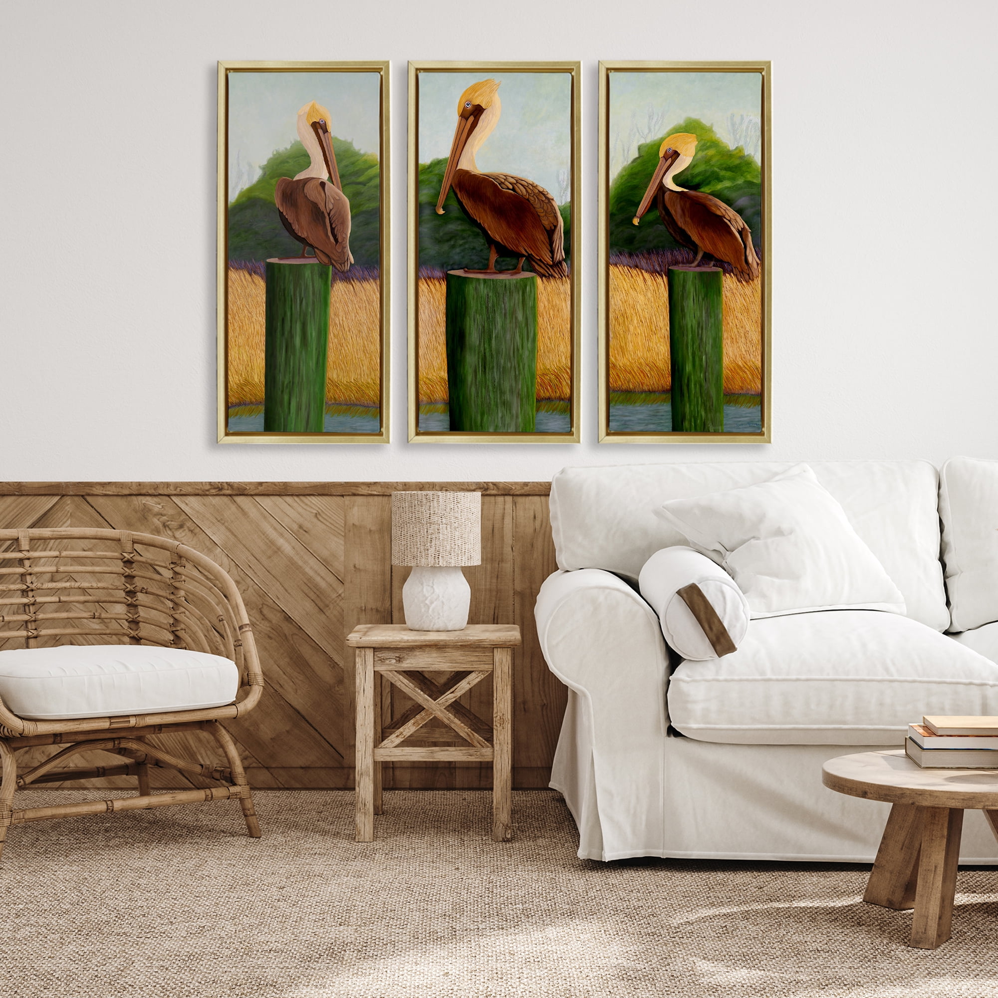 Stupell Industries Blue Eyed Pelicans in Marsh 3 Piece Gold Framed Floater Canvas Set, design by Barbara Fallenbaum