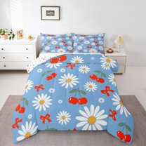 Castle Fairy Boys Girls Floral Daisy Bedding Comforter Set 2pcs,Kawaii Red Cherry Twin Comforter Sets Microfiber,Cartoon Ribbon Bow Knot Breathable Bedding Set,Microfiber Bedroom Decor,Reversible