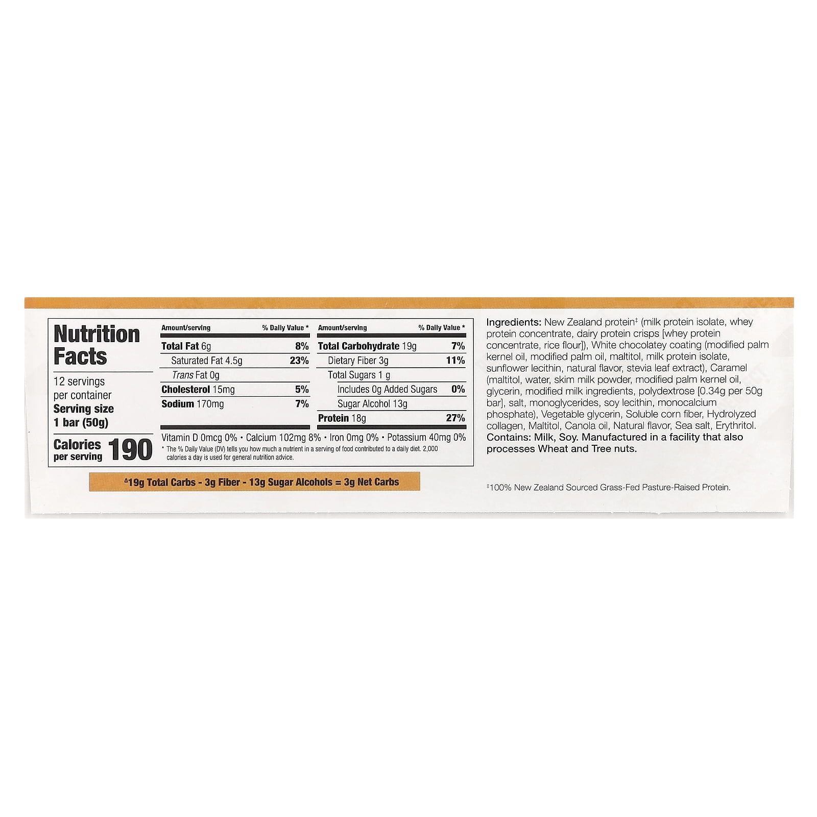 PERFECT Sports Diesel, New Zealand Protein Bar, White Chocolate Salted Caramel, 12 Bars, 50 g Each