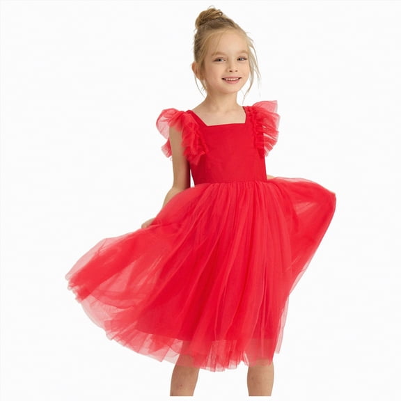 Ccpelsie Girls Tutu Dress Ruffle Short Sleeve Fluffy Summer Party Tulle Dress for Little/Big Kids(Red,2-3 Years)