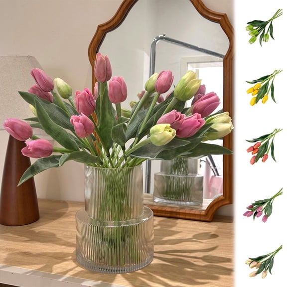 Tulip Artificial Flowers, Soft Silicone Single Green Floral Ornament, Fake Flower for Vase and Home Decoration, Durable Faux Floral for Wedding Anniversary and Party Celebration, by UKHCCC
