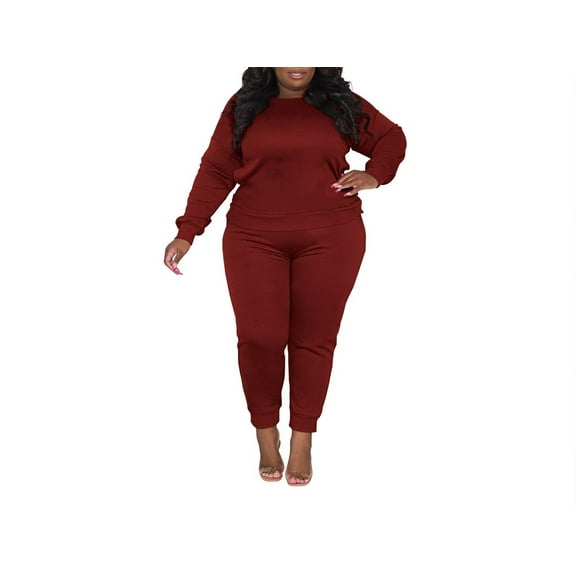 Plus Size Two Piece Outfits For Women Casual Round Neck Jogging Sets Long Sleeve Tracksuit With Pockets