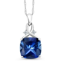 Gem Stone King 10K White Gold Blue Created Sapphire and White Topaz Pendant Necklace for Women (5.37 Cttw, Gemstone September Birthstone, Cushion Cut 10MM, with 18 inch Chain)