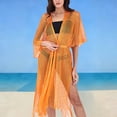 thumbnail image 2 of Feancey Womens Crochet Beach Cover Ups Tie Front Lightweight Long Cardigans See Through Tassel Hem Bikini Coverups with Orange Free Size, 2 of 8