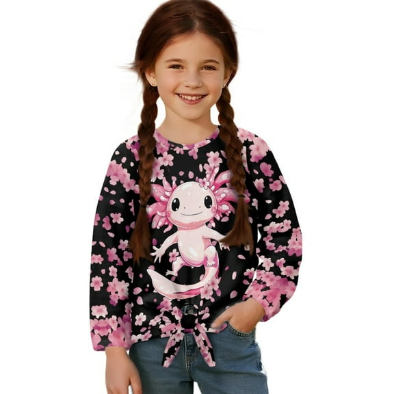 Xoenoiee Axolotl Cherry Blossom Print Girls Long Sleeve Shirts Tie Hem Fall T-Shirt Round Neck Tops Blouse Pullover Tunic Outfits Fall Clothes, 5-6 Year