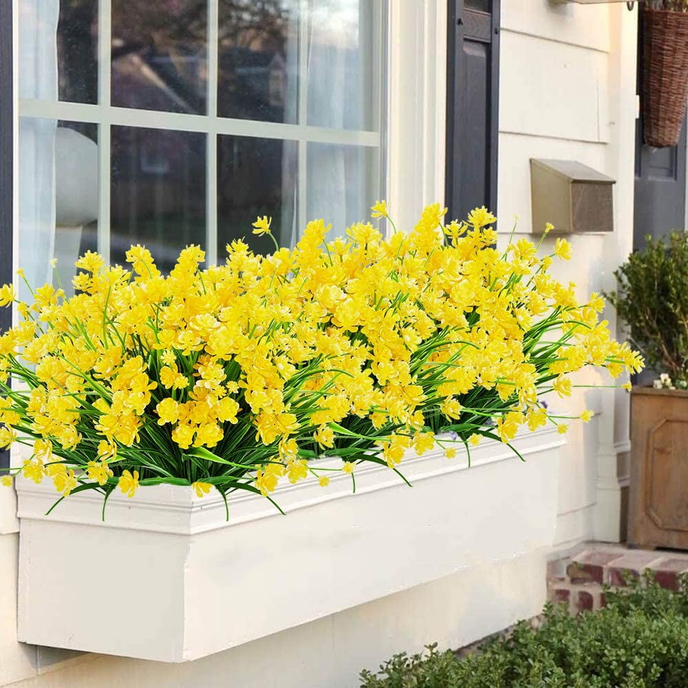Artificial Outdoor Flowers Fake UV Resistant No Fade Greenery Faux Plants Shrubs for Indoor Outside Hanging Planter Home Office Wedding Farmhouse Decor (Yellow)