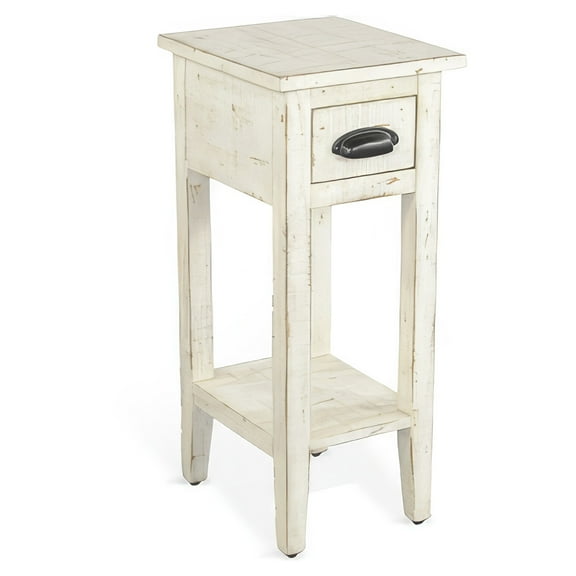 Rena Chairside Table, Drawer and Shelf, 14 Inch White Mahogany Wood