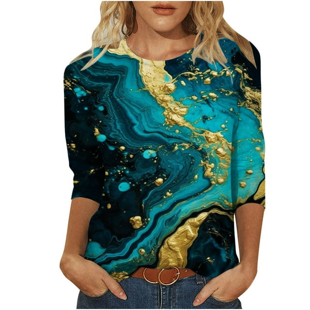 FAIWAD Femmes Bloc de Couleur 3/4 Chemises Col Rond Blouses Décontractées Élégantes Grande Taille Tunique de Sortie