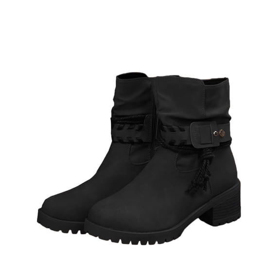 Dasayo Ladies Boots Western Ankle Black Wide Width Round Toe Block Heel Buckle Boots Woman Shoes 36