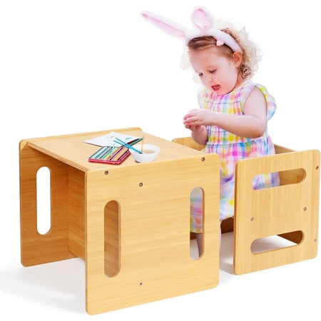 Kids Table and Chair Set, Montessori Weaning Table and Chair,Natural Bamboo Small Desk Chair,Toddler Activity Table and Chair Set for 1-3 Year Old Kids Dinner,Reading,Playing Toys, CPC Certified