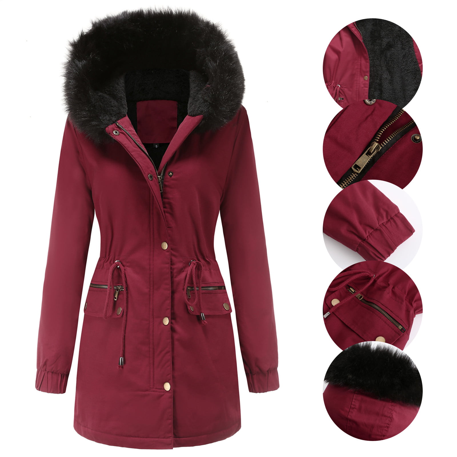 Women's Coat Fur Lined Trench Winter Jacket Hooded Parka Overcoat Warm Outwear
