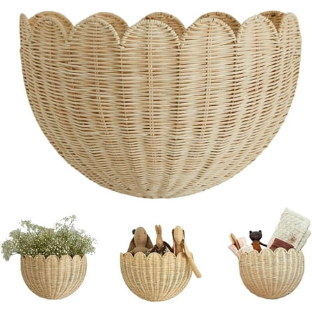 Scalloped Wall Basket – Hanging Hand Woven Wicker Wall Basket with Metal Frame & Hook, Bohemian Style Decorative Storage, 14"x6"x8"inch, 1Pcs