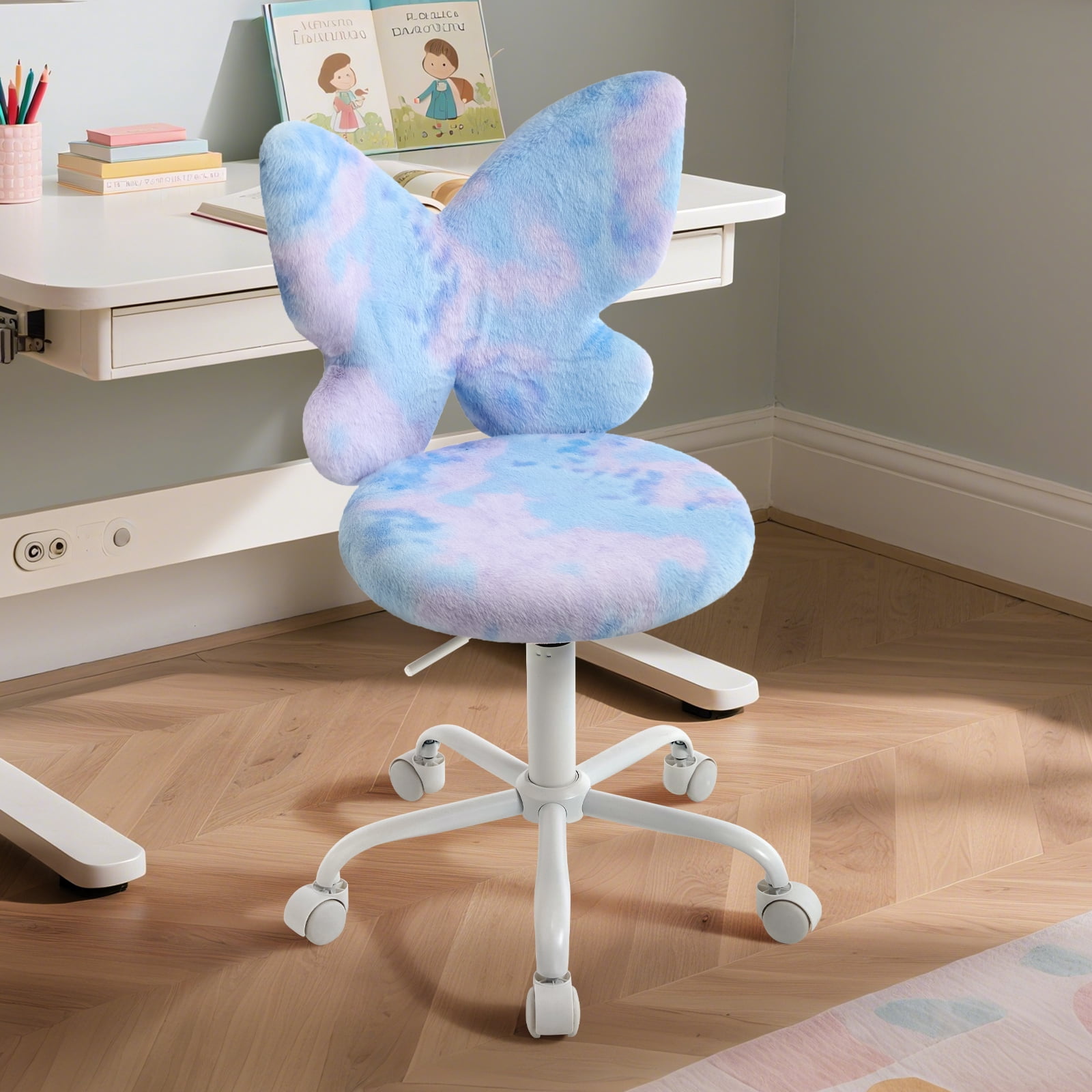 Adorable Butterfly Kids Desk Chair, Comfy Swivel Computer Seat for Girls Room, Fluffy Office Roller Chair for Study Bedroom Reading & Vanity, Blue