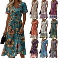 thumbnail image 4 of Minjewel Ladies Floral Casual Fashionable Short Sleeve V-Neck Dress for Spring Summer Women's Daily Casual Wear,Blue,2XL, 4 of 6