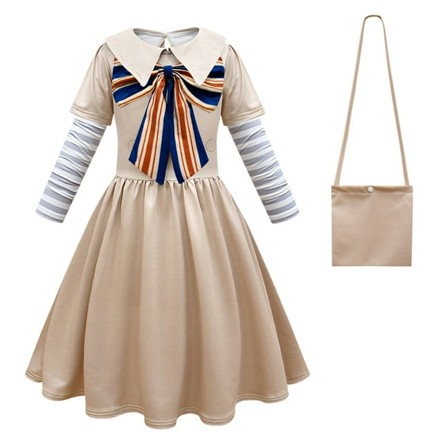 Kawell M3gan Costume pour Filles Costumes Megan Robe d'Uniforme Tenue d'Halloween avec Manches à Nœud Sac et Perruques