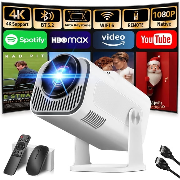 [Projector 2026 Upgraded] Mini Projector Support 4K 1080P Auto Kestone 270°Rotatable with WiFi 6 and Bluetooth 5.2 Projector Portable Compatibile with HDMI/TV Stick/Memor Stick/Laptop White