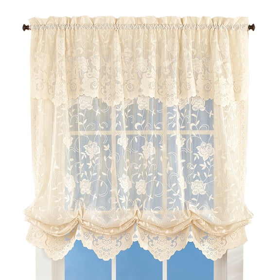 Collections Etc Collections Floral Sheer Lace Tie-up Balloon Shade Window Curtain with Scalloped Edges and Rod Pocket Top for Easy Hanging, Ivory