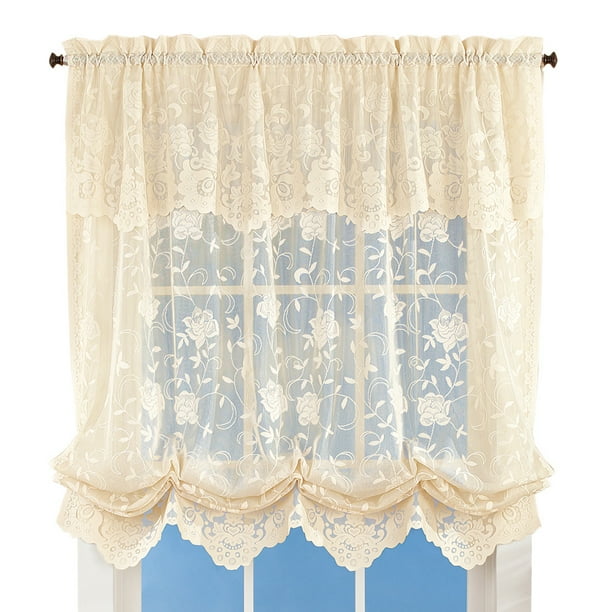 Collections Fl Sheer Lace Tie Up Balloon Shade Window Curtain With Scalloped Edges And Rod Pocket Top For Easy Hanging Ivory Com Collections Fl Sheer Lace Tie Up, Vintage Lace Balloon Curtains