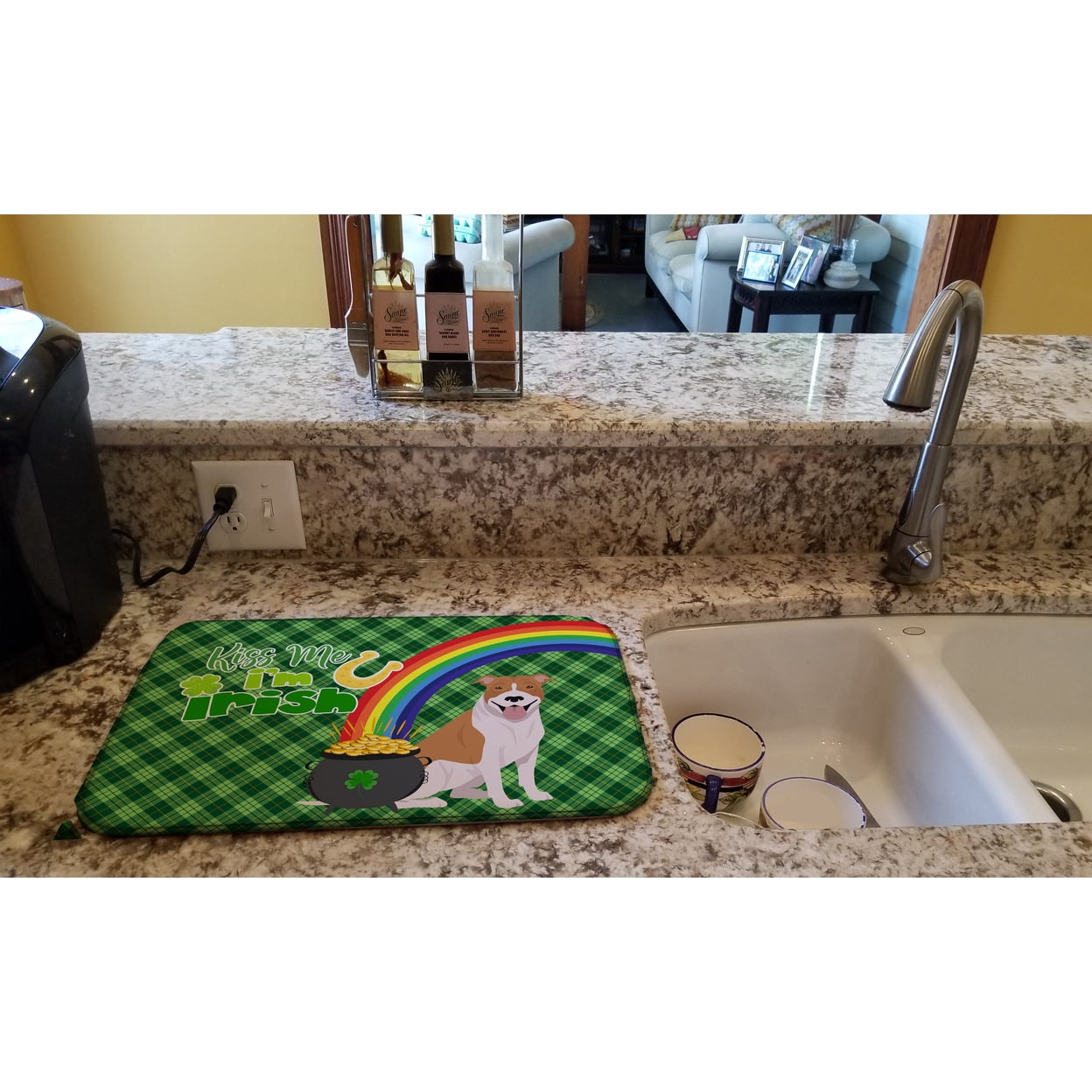 Red and White Pit Bull Terrier St. Patrick's Day Dish Drying Mat 14 in x 21 in