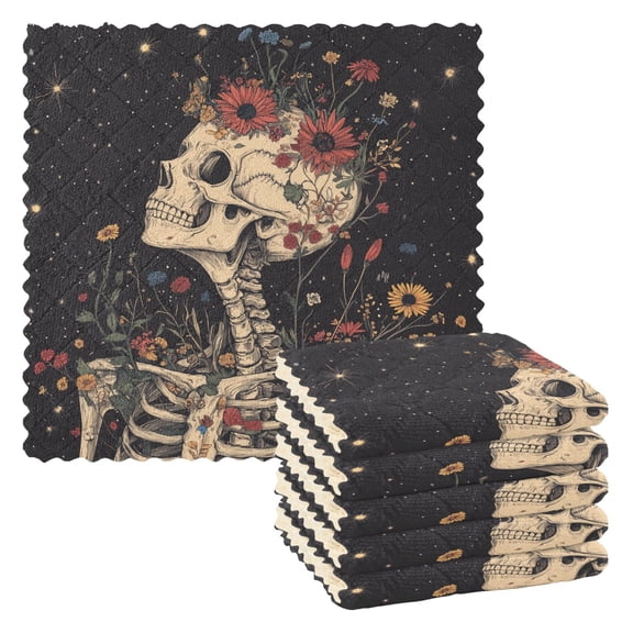 Yayeee 6 Pack Kitchen Dish Cloths for Washing Dishes Soft Absorbent Microfiber Towels, Skeleton with Flowers Pattern