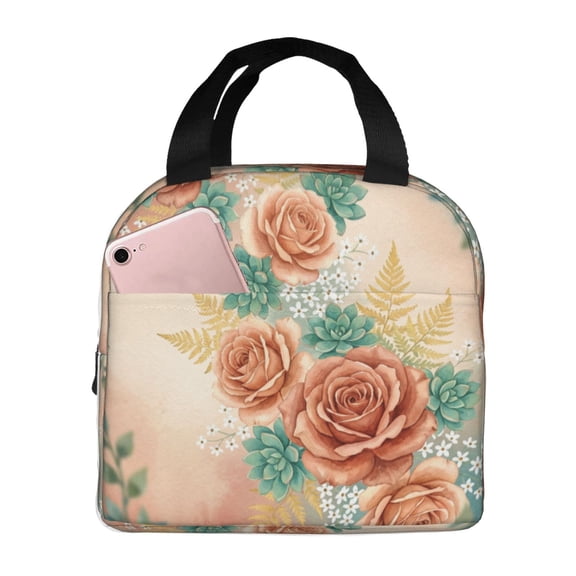 Rose Flower Lunch Box Reusable Insulated Cooler Handbag With Front Pocket Thermal Meal Prep Tote For Women Men Work Office Daily
